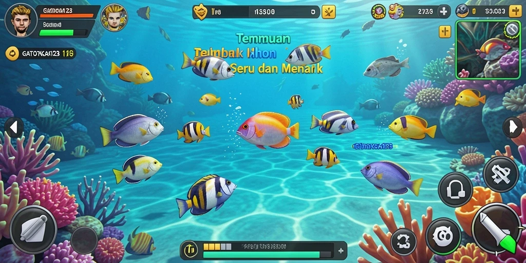 Tampilan utama gameplay GATOTKACA123 dengan aksi menembak ikan.