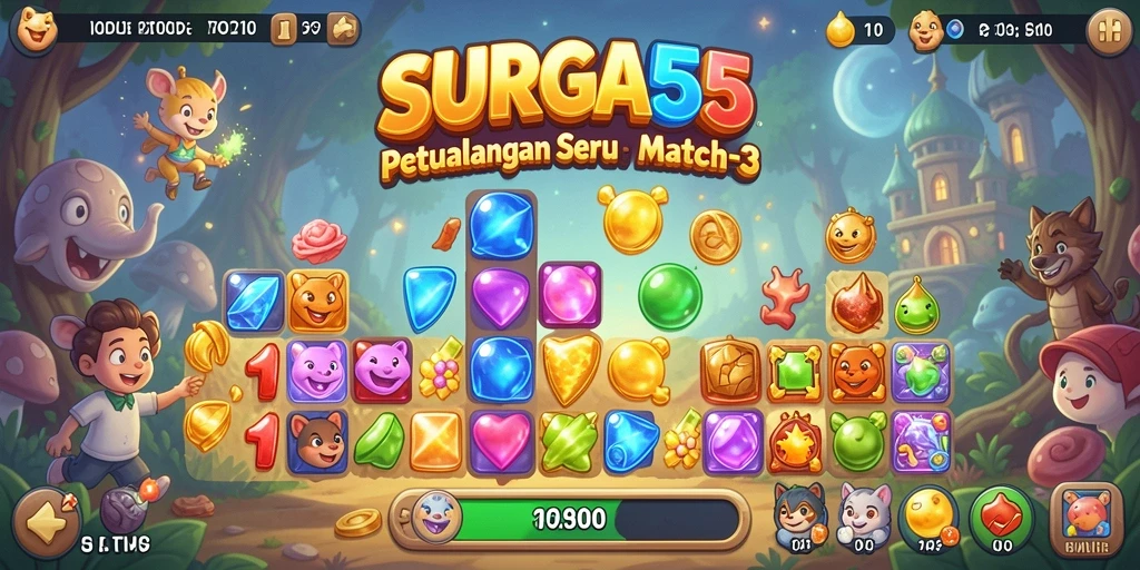 Tampilan menarik gameplay Match-3 SURGA55 dengan warna-warni permata.