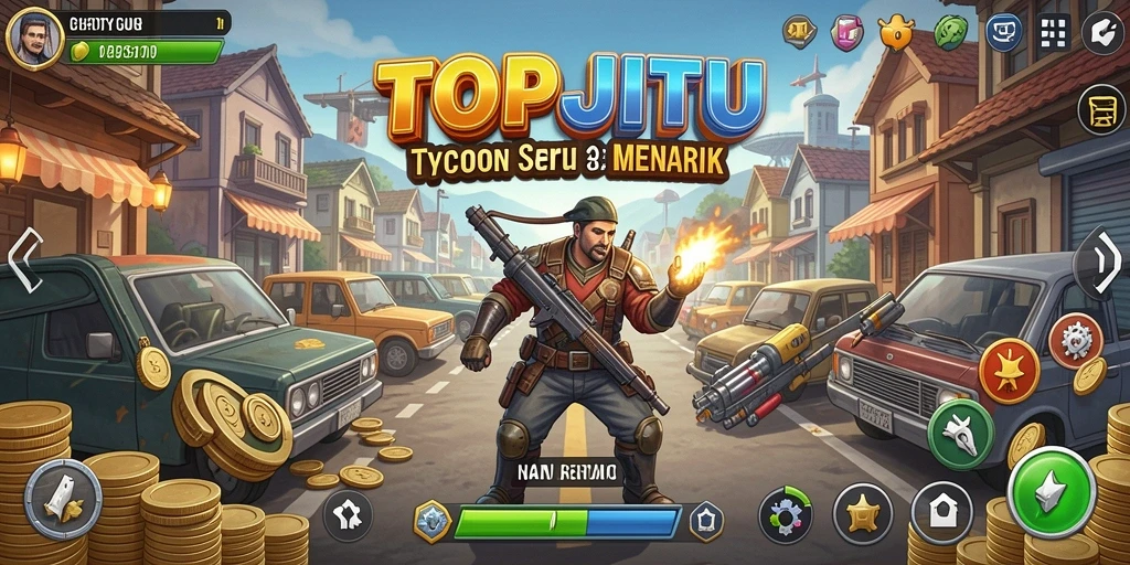 Screenshot gameplay TOPJITU yang menunjukkan aktivitas bisnis yang dinamis.